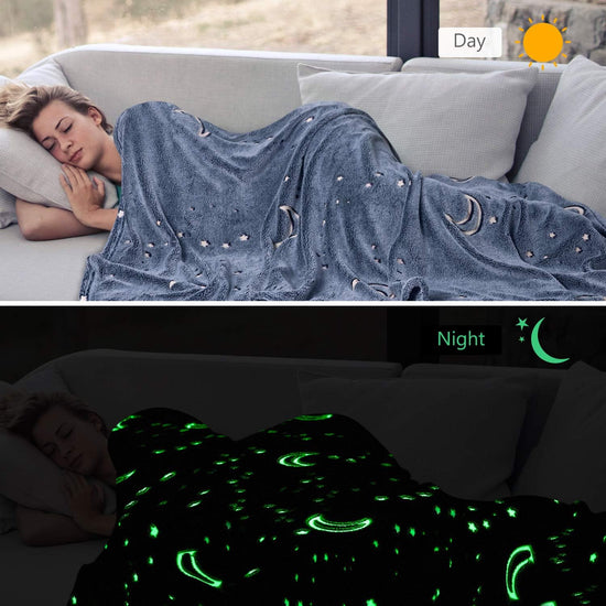Image Title Glow in The Dark Throw Blanket, Moon and Stars Soft Warm Cozy Fuzzy Plush Blanket for Kids Teenage Boys Girls Women Best Friend Birthday Christmas